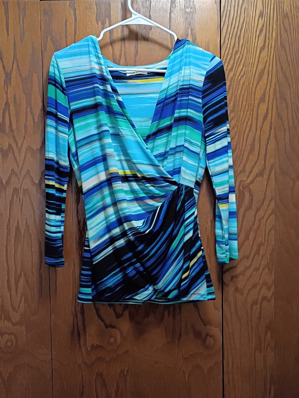 Calvin Klein Blue & Aqua Striped Wrap-Style Long Sleeve Top